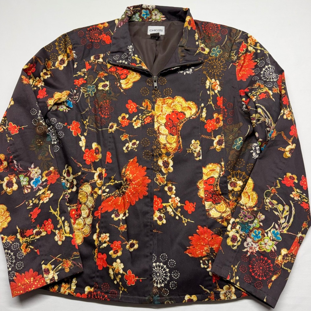 Chico's Floral Jacket Size 1 M Metallic Gold Asian Chinoiserie Zip Front Lined